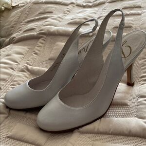 Delman White Slingback Heels with Pointed Toe